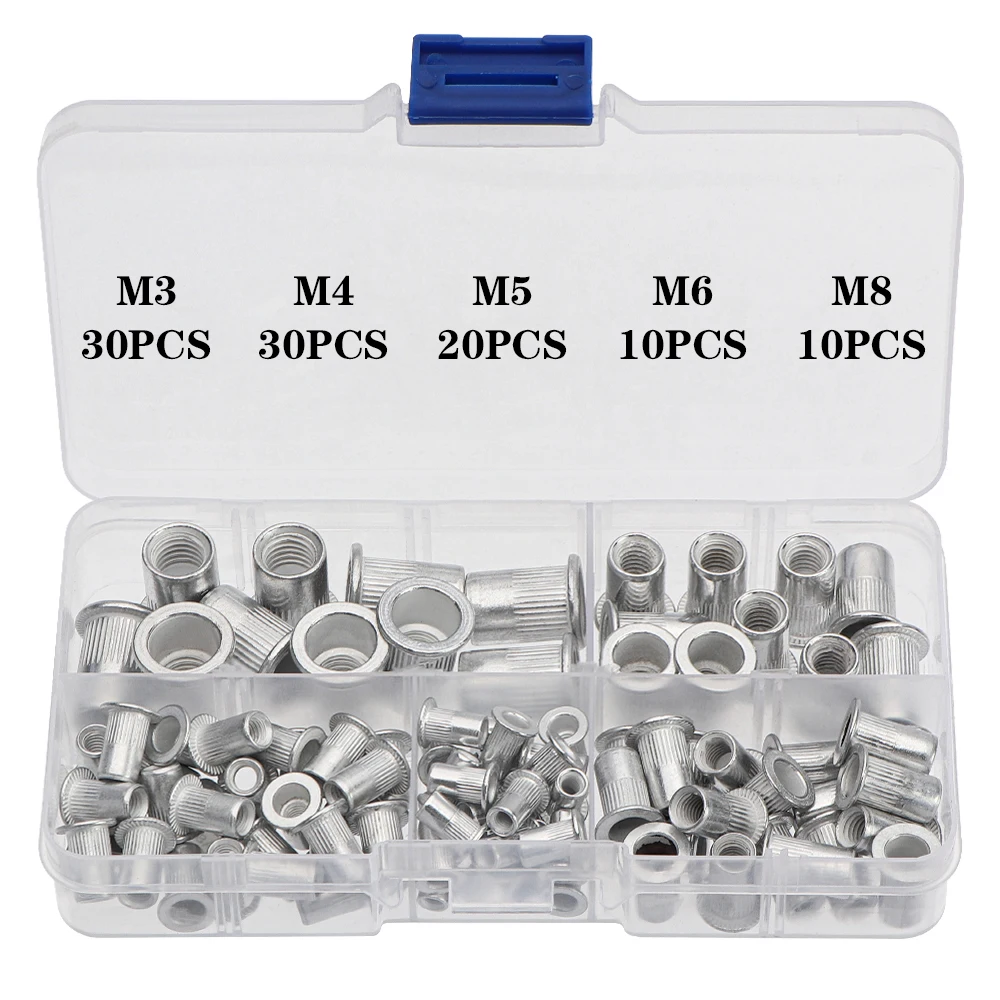 100Pcs Aluminum Flat Head Rivet Nuts Set Insert Nutsert Cap Rivet Nuts Insert Rivets Set Assortment Rivet Tool Kit M3/4/5/6/8