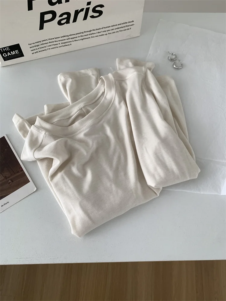 Seide Wolle Splice Langarm T-shirt Frauen Frühling Sommer Dünne Weiche Wachsartige Passform Einfarbig Backing Top