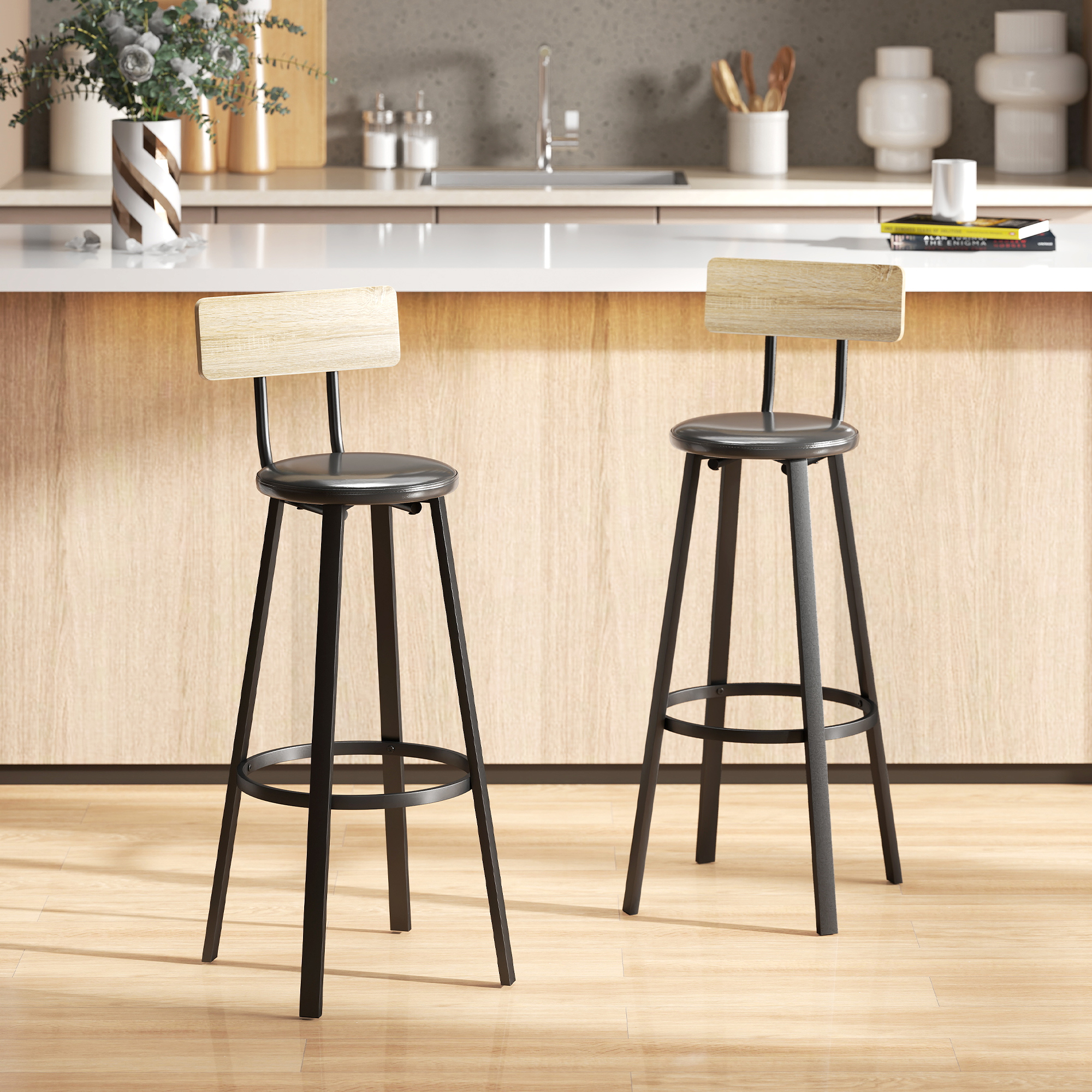 HOMCOM Juego de 2 Taburetes Altos de Cocina con Respaldo y Reposapiés Tapizados de PU Asiento de 75,5 cm
