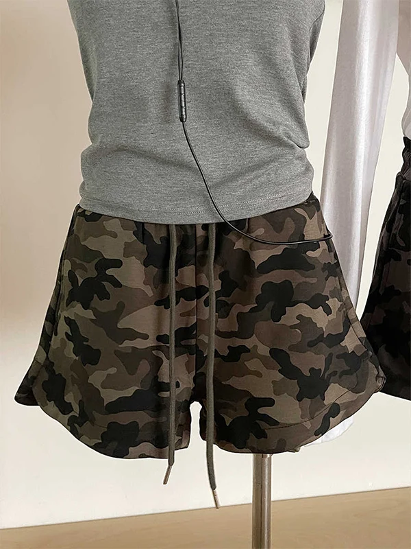 orts Fs Confortáveis de Corduroy com Cintura Elástica, Estilo Camuflado Retro, Moda Casual de Verão
