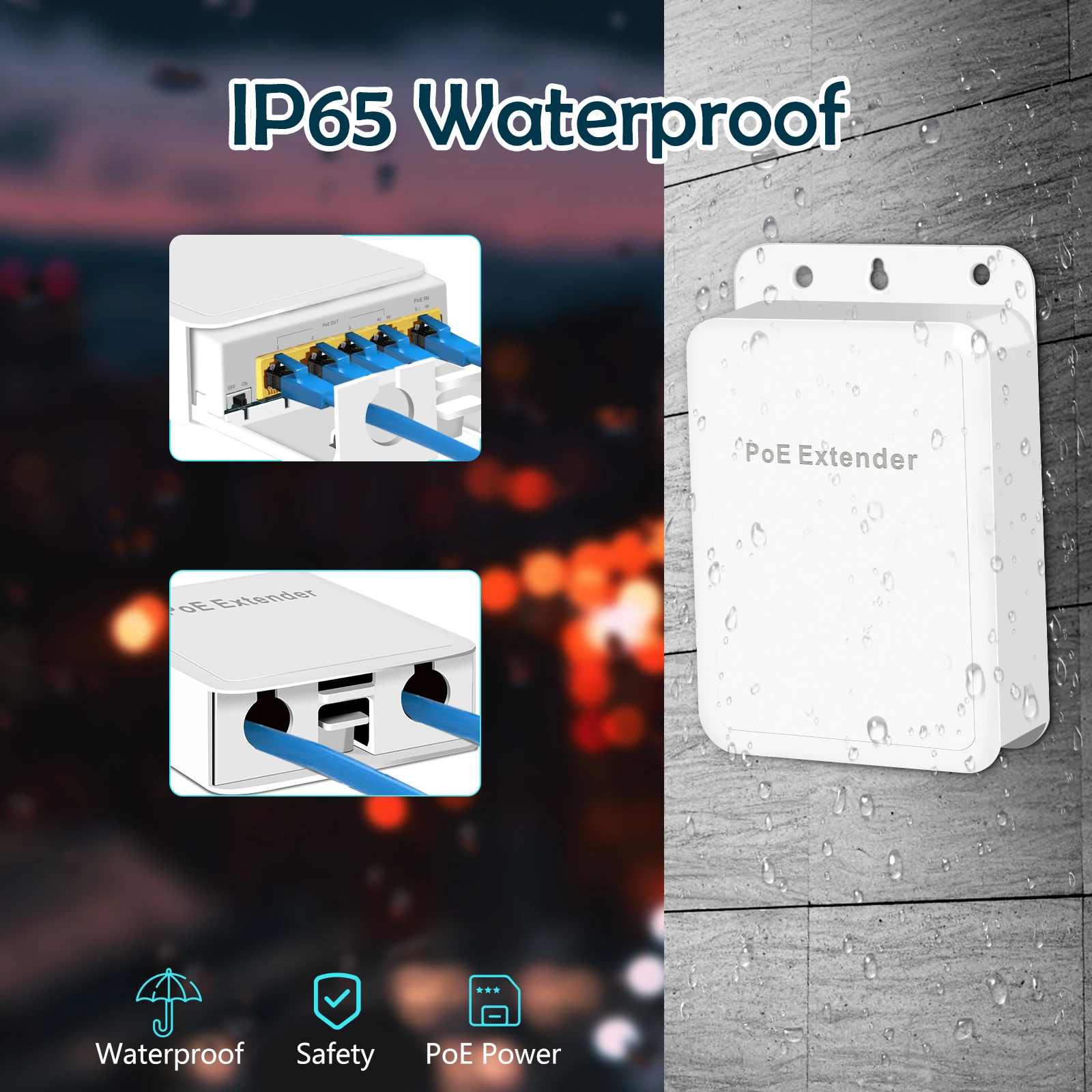 Repetidor POE extensor POE resistente al agua de 5 puertos transmisión de 1000Mbps red exterior IP55 VLAN 44-57V para cámara POE AP sin cables