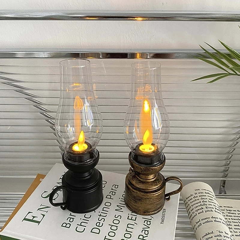 Retro Flameless เทียนเทียนน้ำมันก๊าดโคมไฟเทียนไขกับปุ่มแบตเตอรี่แสงข้างเตียงเครื่องประดับ Photo Prop