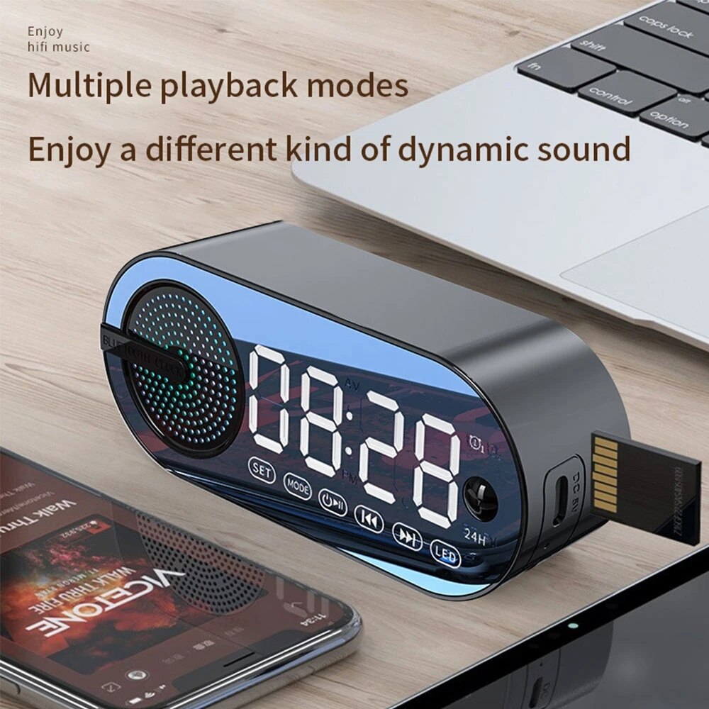 Leise drahtlose bluetooth lautsprecher wecker rgb tws usb led spiegel digital uhr fm großes display wohnzimmer büro dekoration