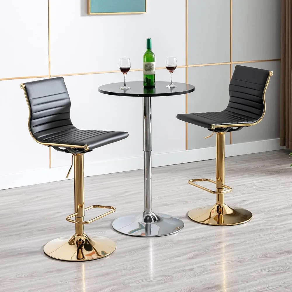 Set of 2 Metal Bar Stools Chairs, Modern Black PU Leather Armless Counter Stool with Golden Base, Height Adjustable Barstools