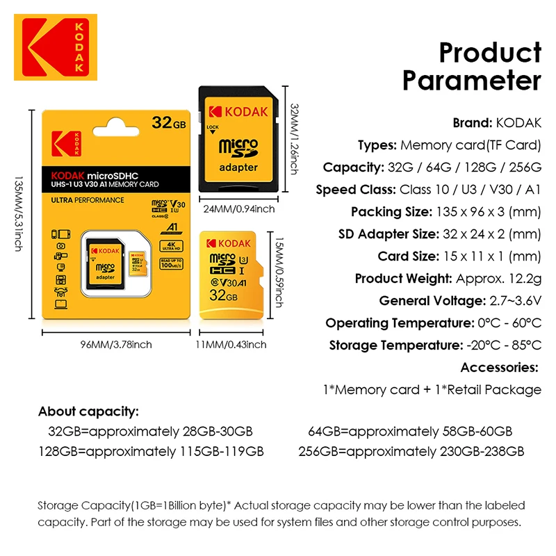 Original KODAK 32GB 64GB 128GB 256GB 64GB U3 4K Micro TF SD การ์ด 64G SDHC Mini microsd UHS-I C10 TF Trans Flash การ์ด