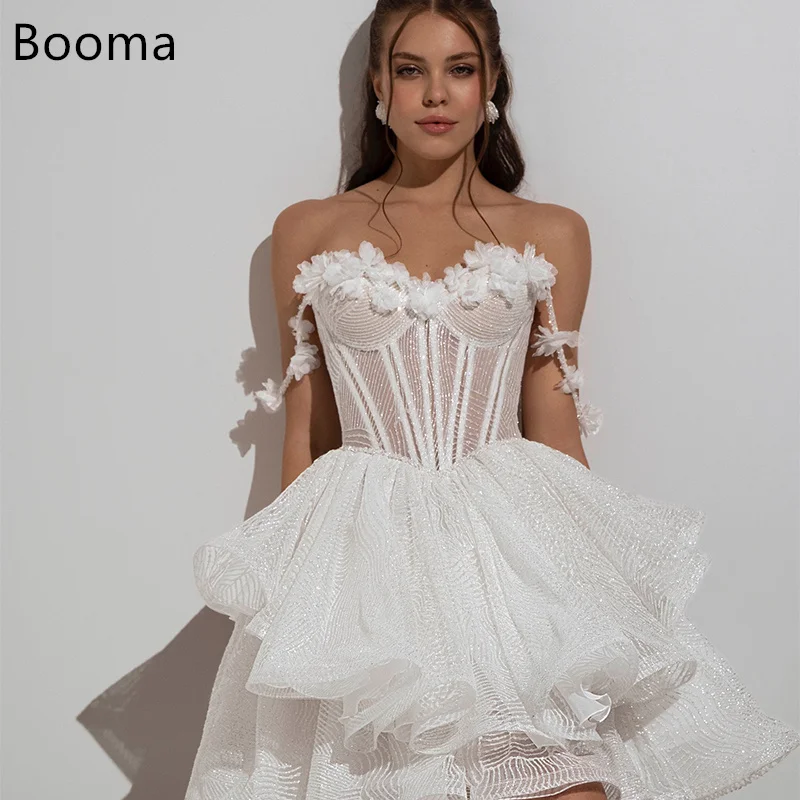 Booma A-Line Abiti da sposa semplici con spalle scoperte Fiore Mini abito da sposa elegante lucido Realizzato su misura 2025