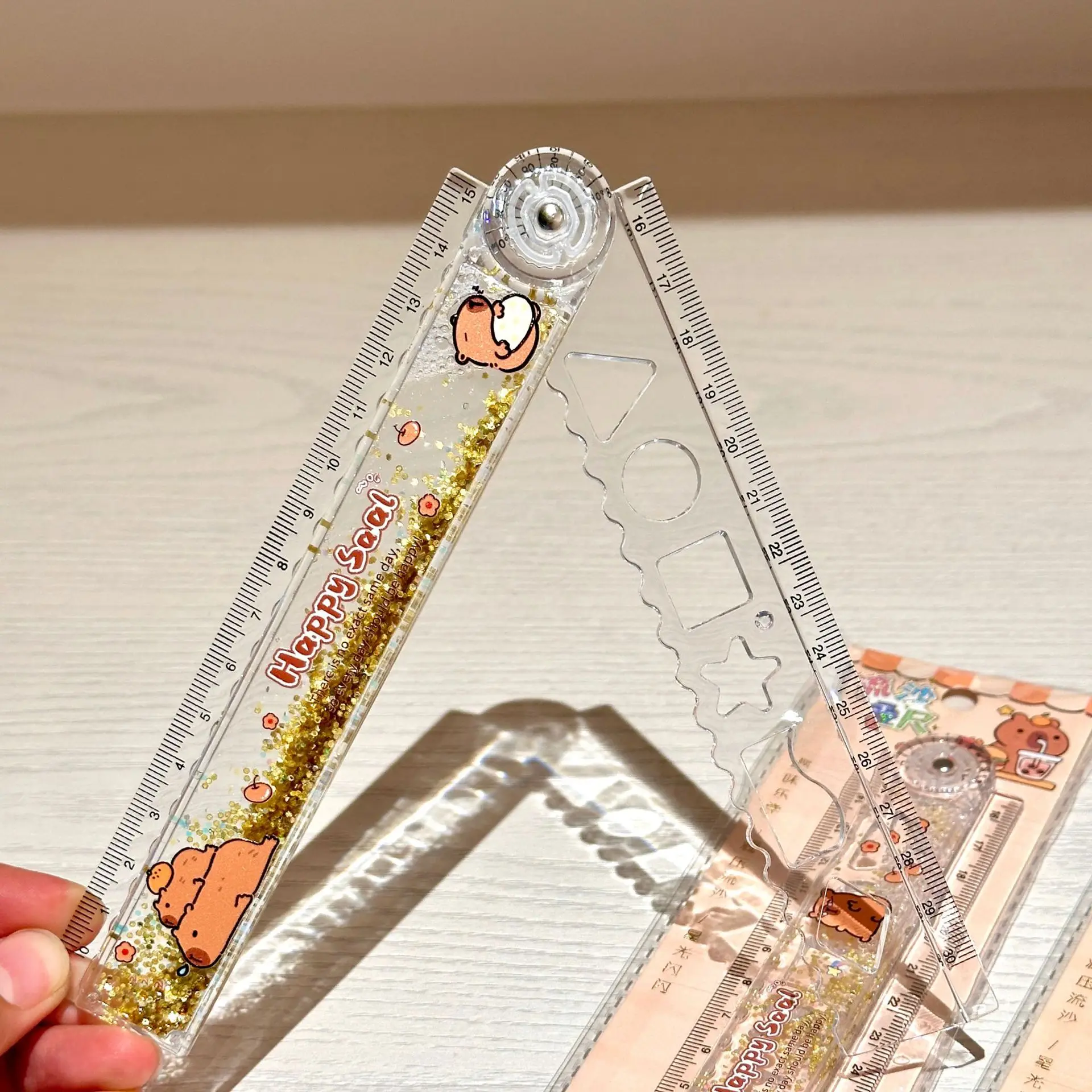 Cartoon Flowing Sand Capibala 30CM Folding Ruler in Oil Sparkling Measurement Drawing Ruler Learning Stationery School Season