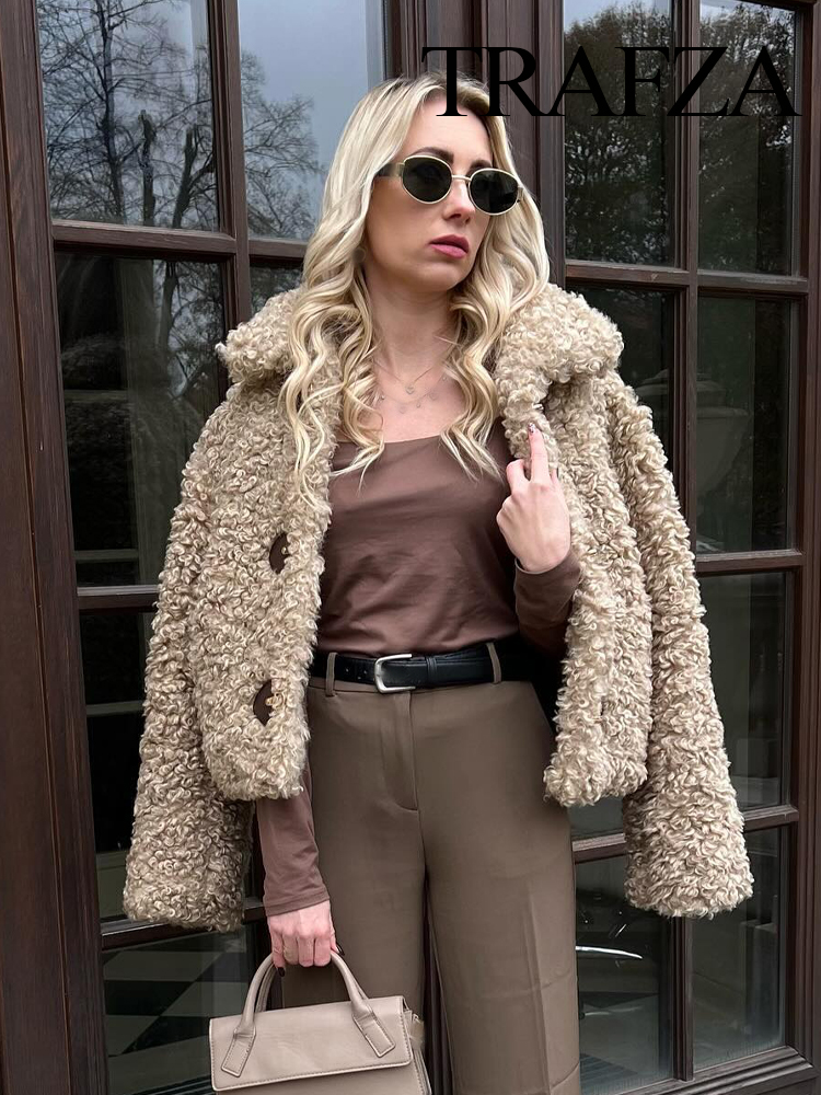 TRAFZA Winter Mode Frau Mäntel Solide Drehen-unten Kragen Langarm Einreiher Weibliche Streetwear Stil Dicke Jacken