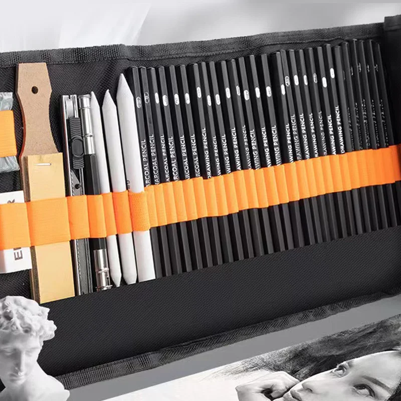 27/38/47 stücke Skizze Bleistifte Set Roll-Up Leinwand Wrap Skizzieren Bleistift Tasche Kunst Zeichnung Liefert Holzkohle Gekneten Radiergummi