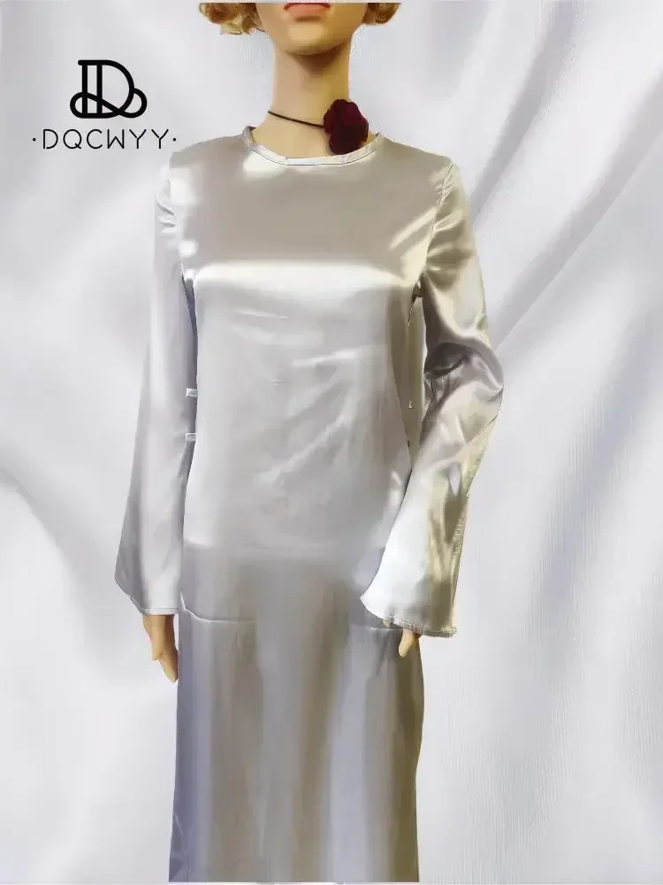 Damenkleider 2025, neue lange Kleider, modisch, schlicht, Rundhalsausschnitt, Satin, ausgestellte Ärmel, Schnürung, schlanke Abendparty-Kleider, sexy Kleid