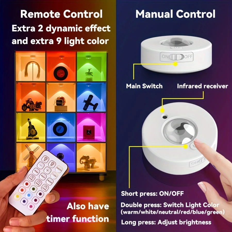 Luz noturna rgb 12 cores, controle remoto sem fio, tipo c, recarregável, luz de armário para cozinha, guarda-roupa, quarto