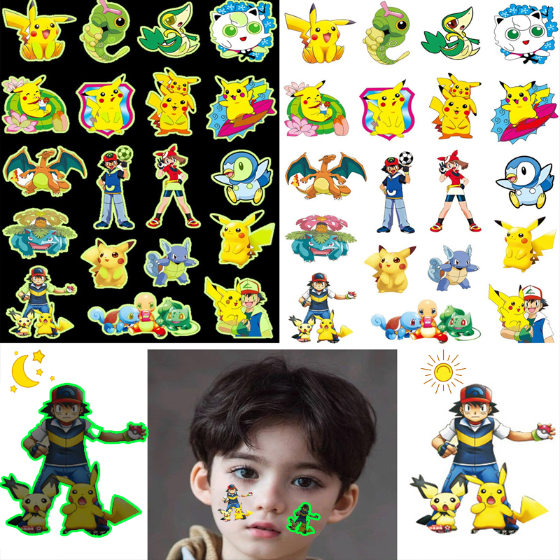 Tatuagens luminosas pokémon para crianças, estilos pikachu, tatuagens temporárias, adesivos, meninos, meninas, brilho, suprimentos para festa, presentes para crianças