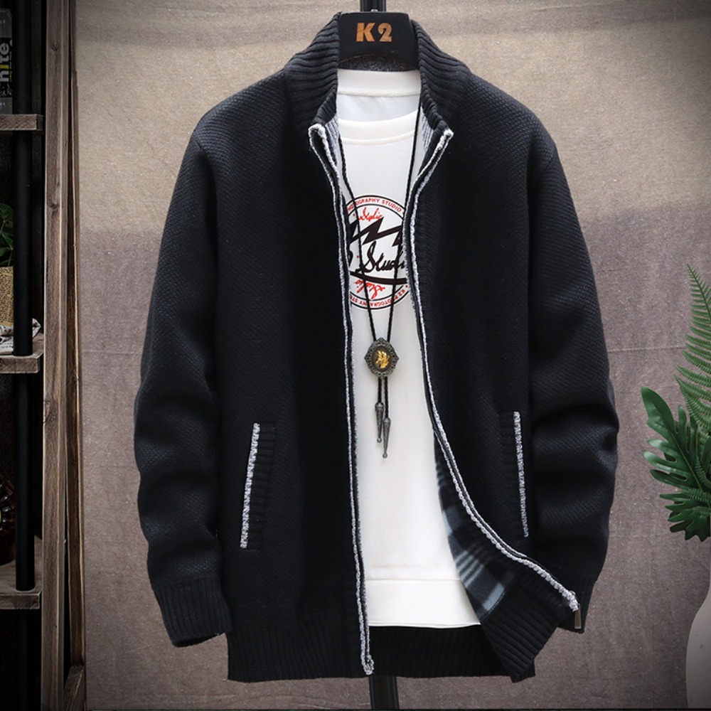 Cardigan de malha cor sólida camisola masculina zíper outono nova jaqueta de manga comprida lã quente cardigans jaqueta