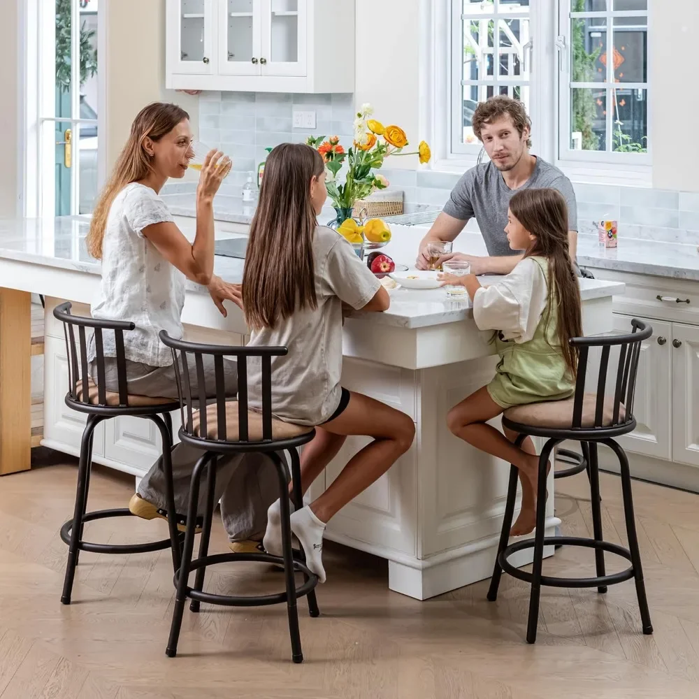 Bar Stools 24 Inches Set of 3, Modern Metal Counter Height Bar Stools with Back,Suede Swivel Round Bar Chairs