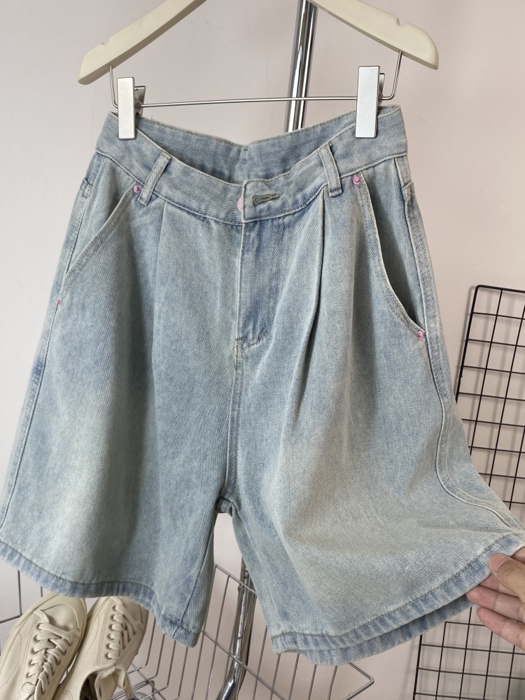 orts de Jeans de Cintura Alta com Pregas e Pernas Largas, Estilo Novo de Verão, Confortáveis e Casuais