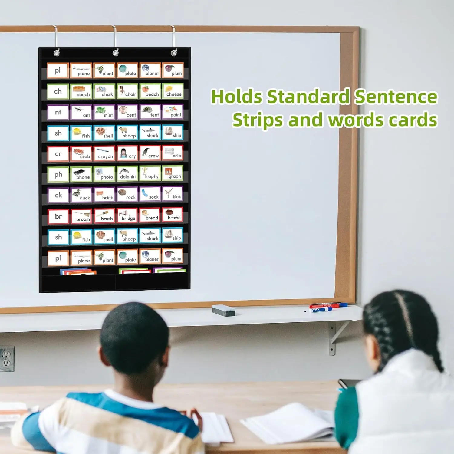 Large 10 Pockets Standard Pocket Chart Classroom Quality Teaching Pockets Words Chart with 2 Extra Storage Pocket for Studenets