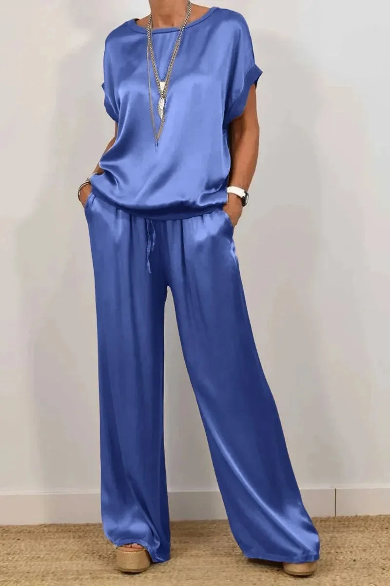 Casual losse satijnen T-shirt broek tweedelige sets damesmode O-hals korte mouw T-shirts pak lente zomer wijde pijpen broeksets