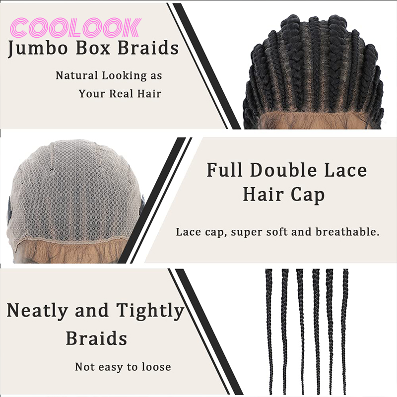 黒人女性のための完全なレースの編みこみのかつら,合成の結び目のない髪,長い編みこみの箱,赤ちゃんの髪,女神の編みこみのかつら,360