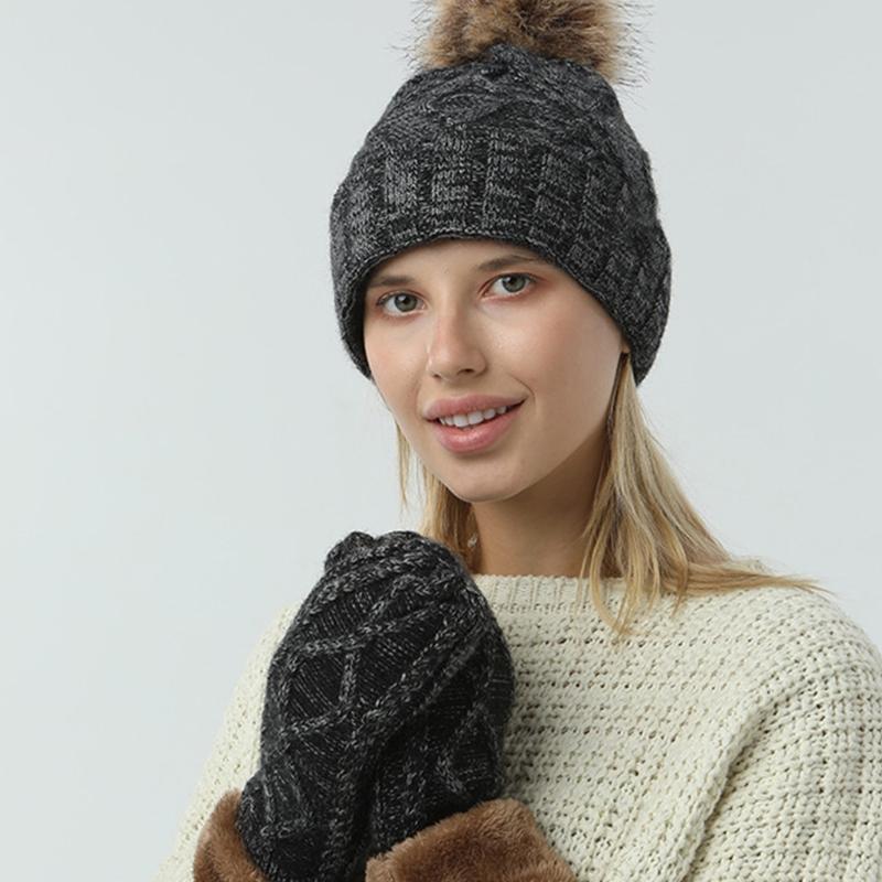 270D 2 Pieces Women Winter Cable Knit Beanie Hat with Full Finger Gloves Mittens Set Thicken Thermal Plush Lined Skull