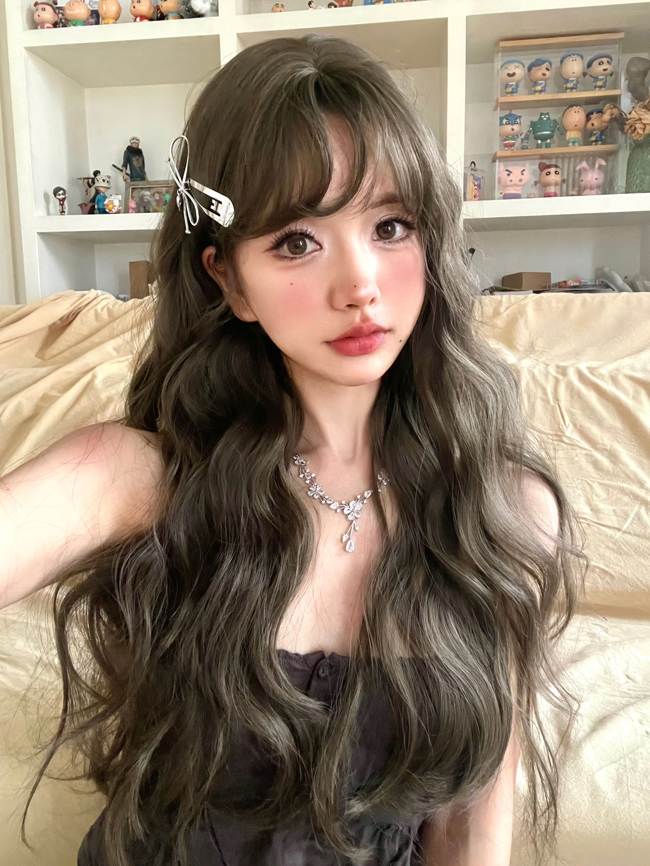 Perucas sintéticas marrom escuro com estrondo para mulheres, cabelos longos ondulados, resistente ao calor, festa cosplay, linda lolita, 28 polegadas