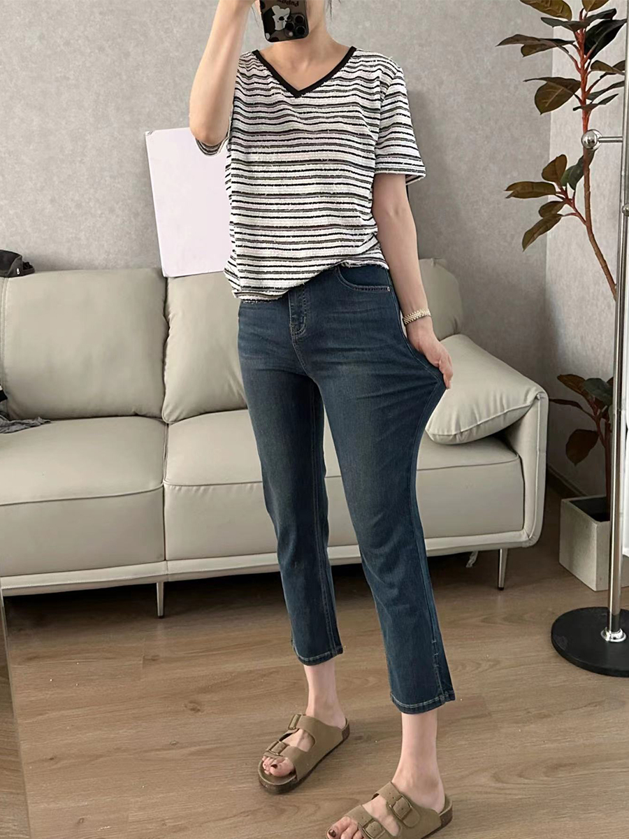 High Waist Slimming Straight Leg Jeans Women's Elastic Slit Casual Cotton Stretch Denim Spring Autumn plus Size Faion