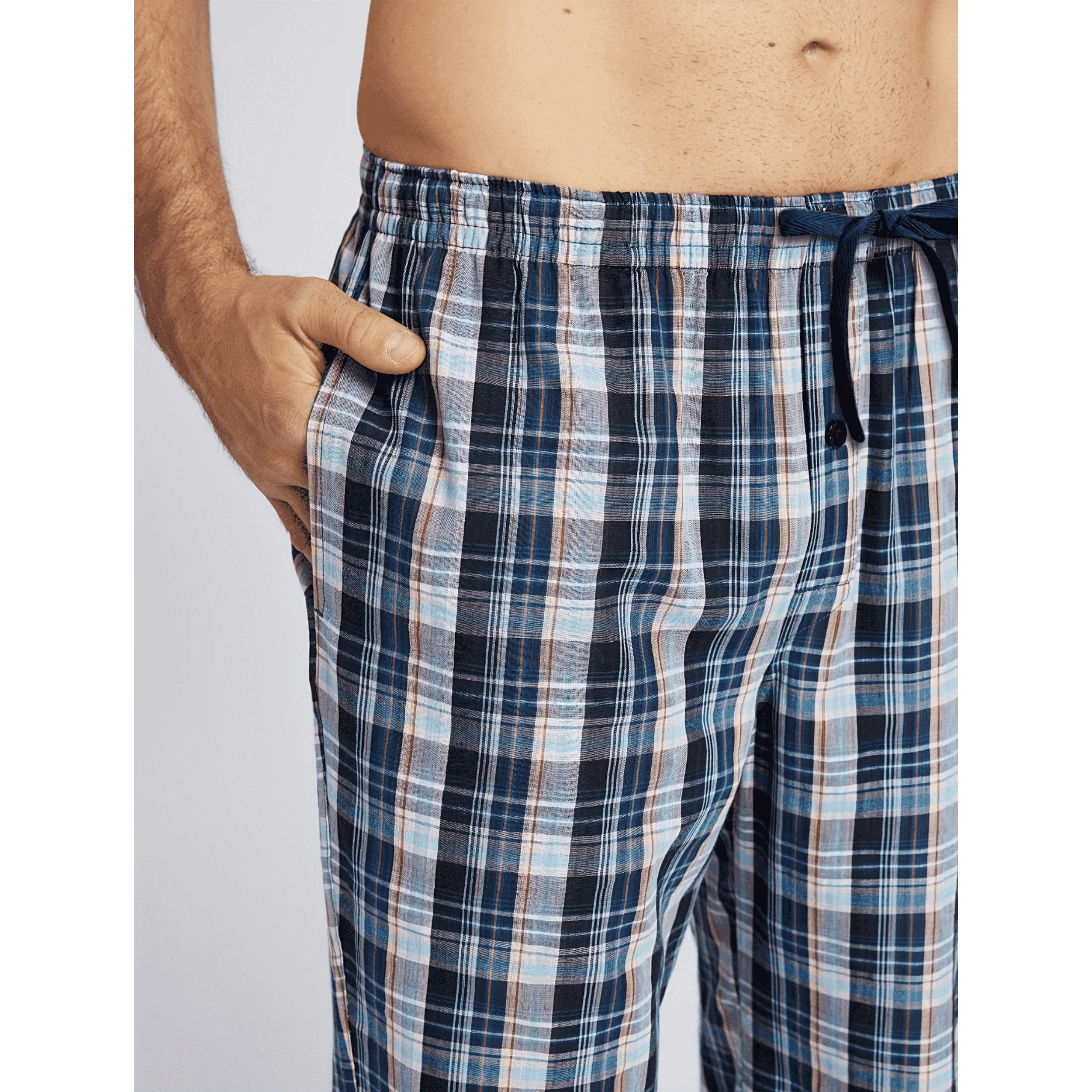 Men's Pajama Pants Autumn New Checked 100% Cotton Thin Soft Comfortable Elastic Waistband with Pockets Home Lounge Pants