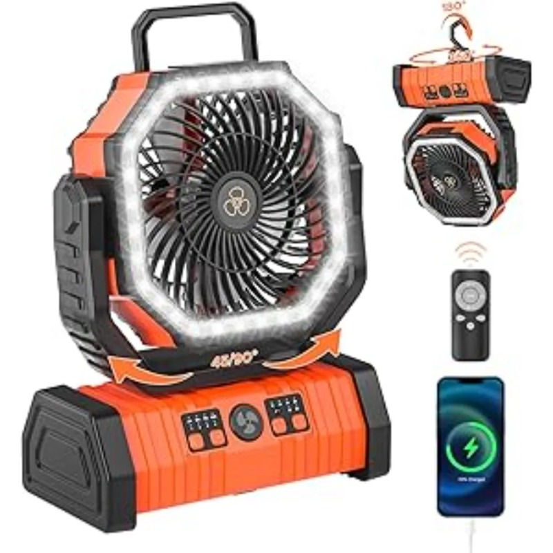 NEW.Rechargeable Camping 20000mAh Auto-Oscillating Battery Operated Fan with Remote/Hook/Timer Fan with LED Lantern,