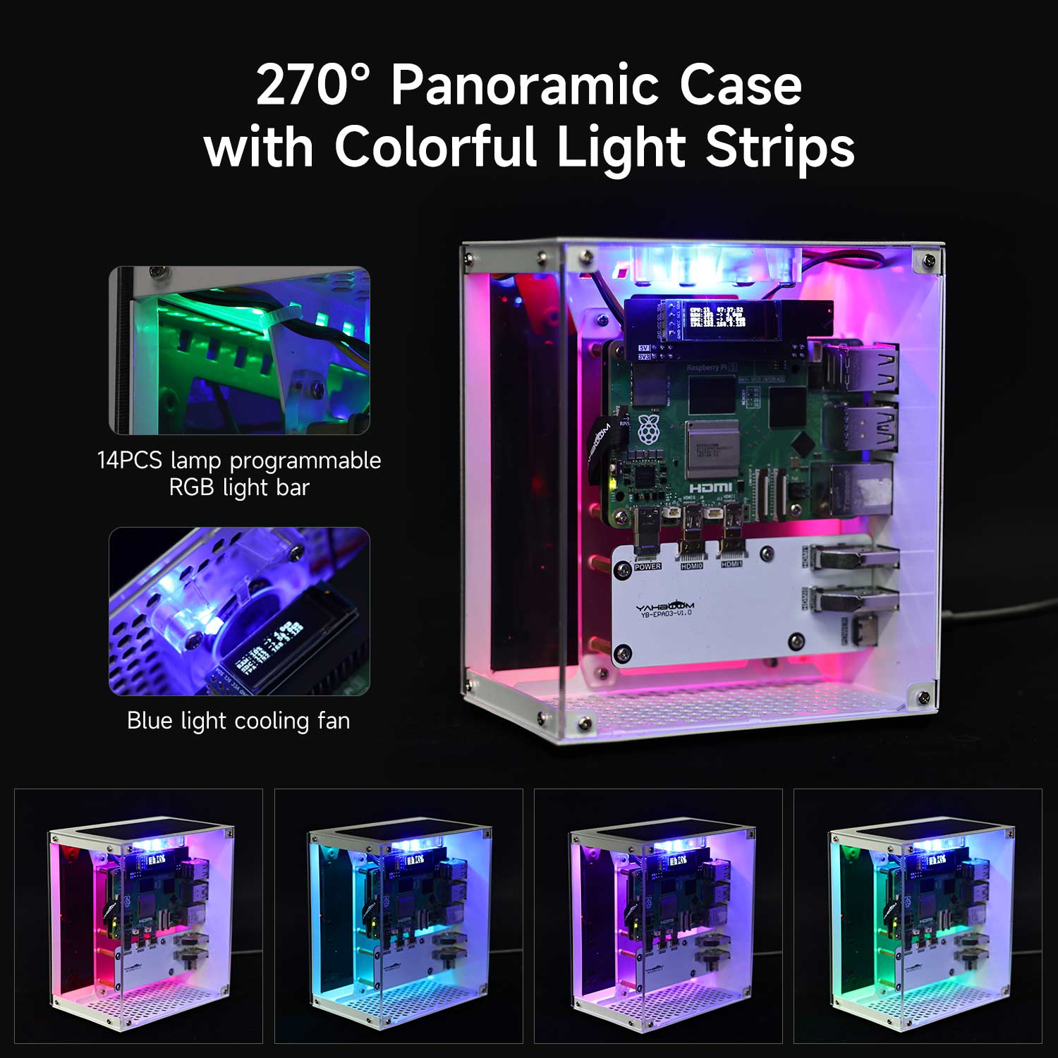 Yahboom Raspberry Pi 5 Mini kit de capa protetora com ventilador de resfriamento e instalação de suporte de luz ambiente que muda de cor SSD M.2