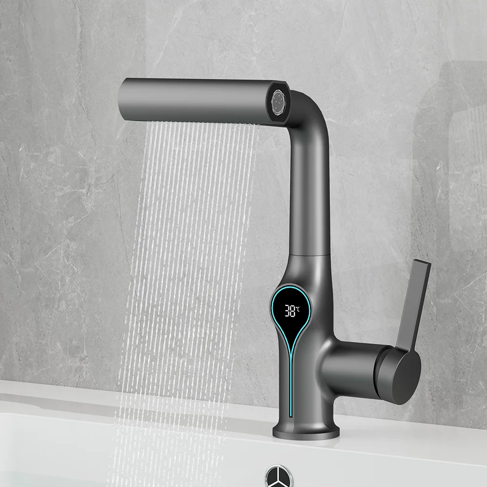 Cachoeira temperatura display digital torneira da bacia levantar para baixo fluxo pulverizador de água quente e fria pia misturador lavagem para banheiro
