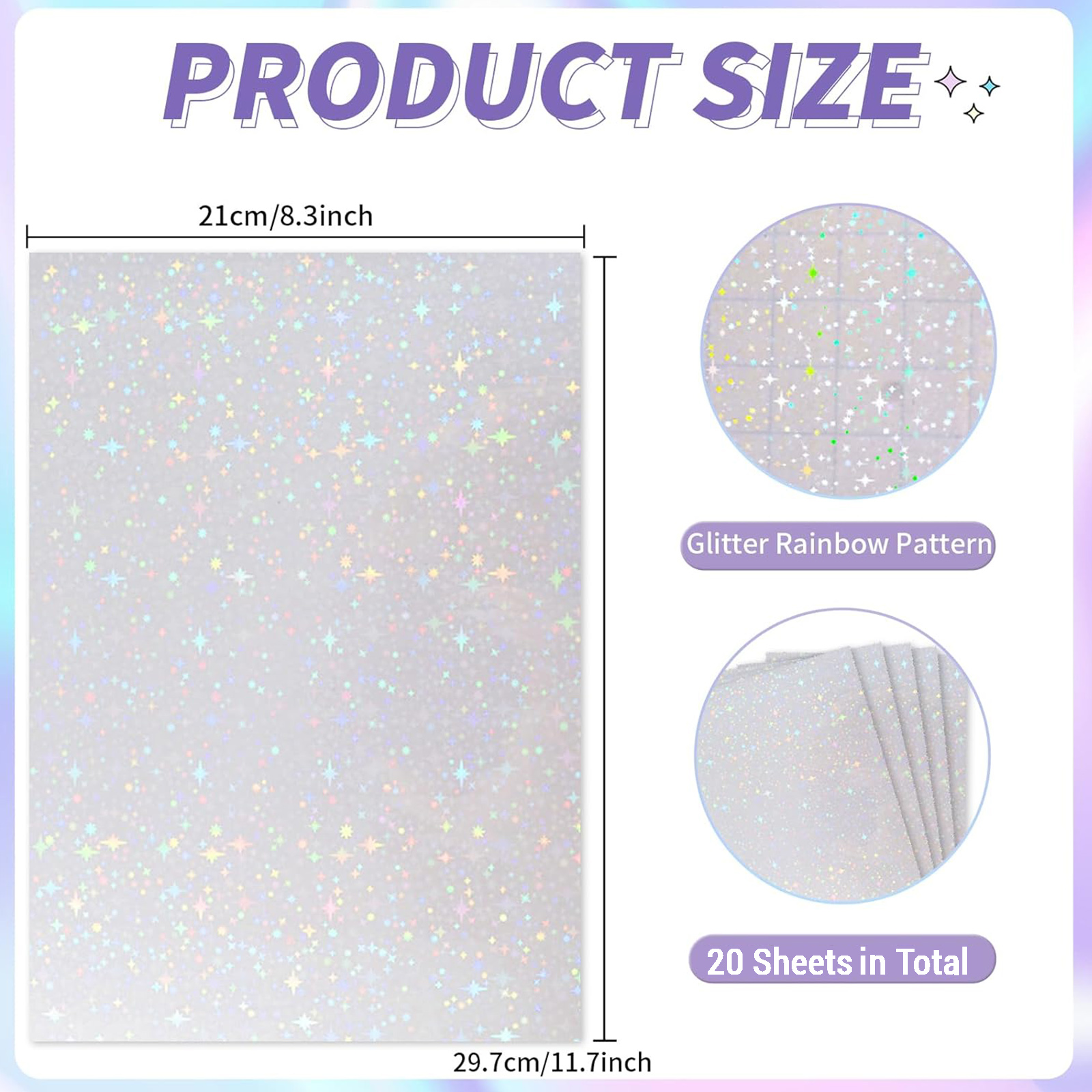 20 Sheets Holographic Sticker Paper A4 Clear Vinyl Self Adhesive Waterproof Transparent Laminating Sheets 11.7 x 8.3 Inch 5 Styl