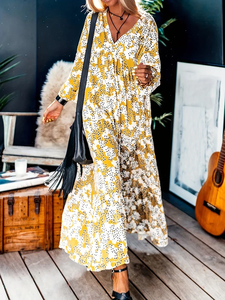 Plus maat 2025, lente en zomer nieuwe damesjurk met bloemenlantaarnmouwen, taille, elegant, casual, volwassen