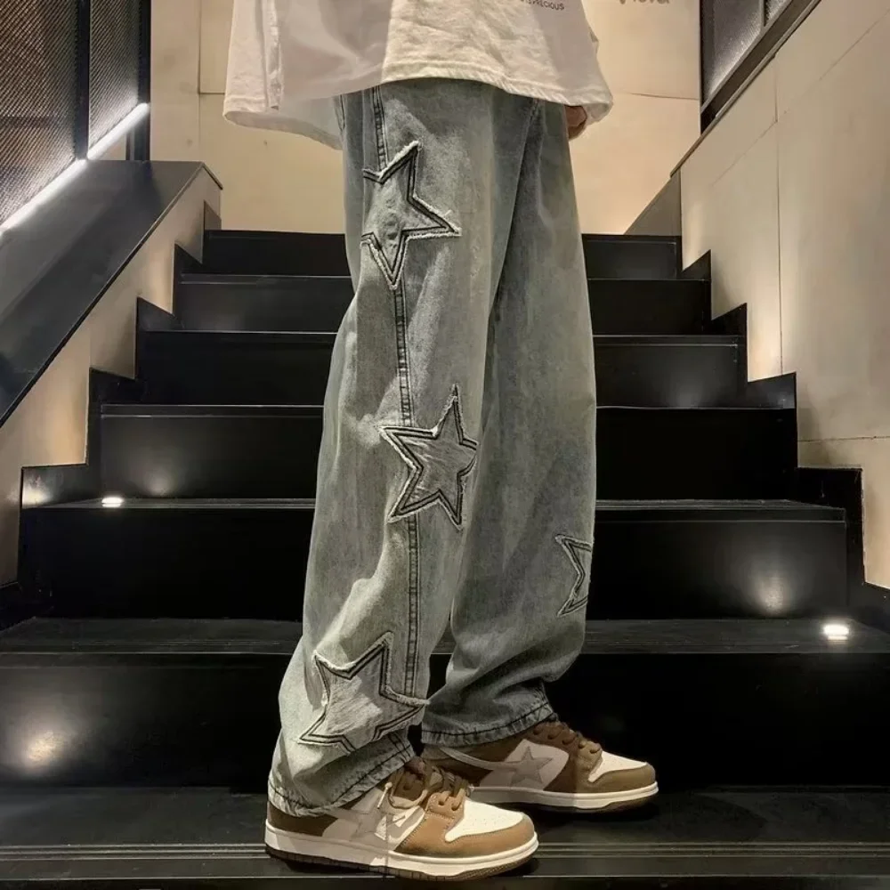 Pantalones vaqueros rectos informales con bordado de estrellas para hombre, estilo gótico neutro, pierna ancha, ropa informal estilo Hip-hop, pantalones vaqueros Y2K para hombre