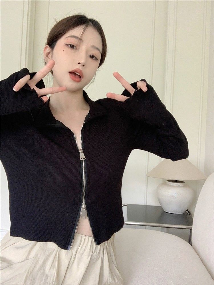 Cardigan de Malha Preto para Mulheres, Casaco de Manga Curta para Primavera e Outono, Csa Base com Zíper Longo, Top Sexy c...