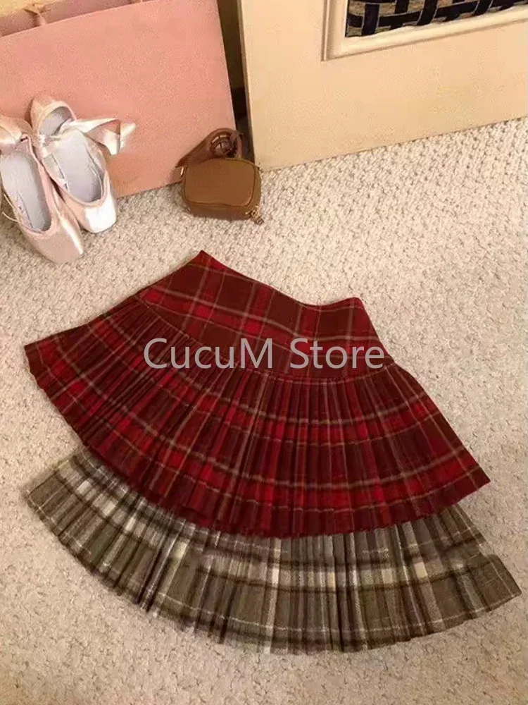 Gonna a pieghe scozzese da ragazza piccante retrò in stile giapponese Autunno Inverno Minigonna in lana stile college a vita alta Gonna dolce Kawaii