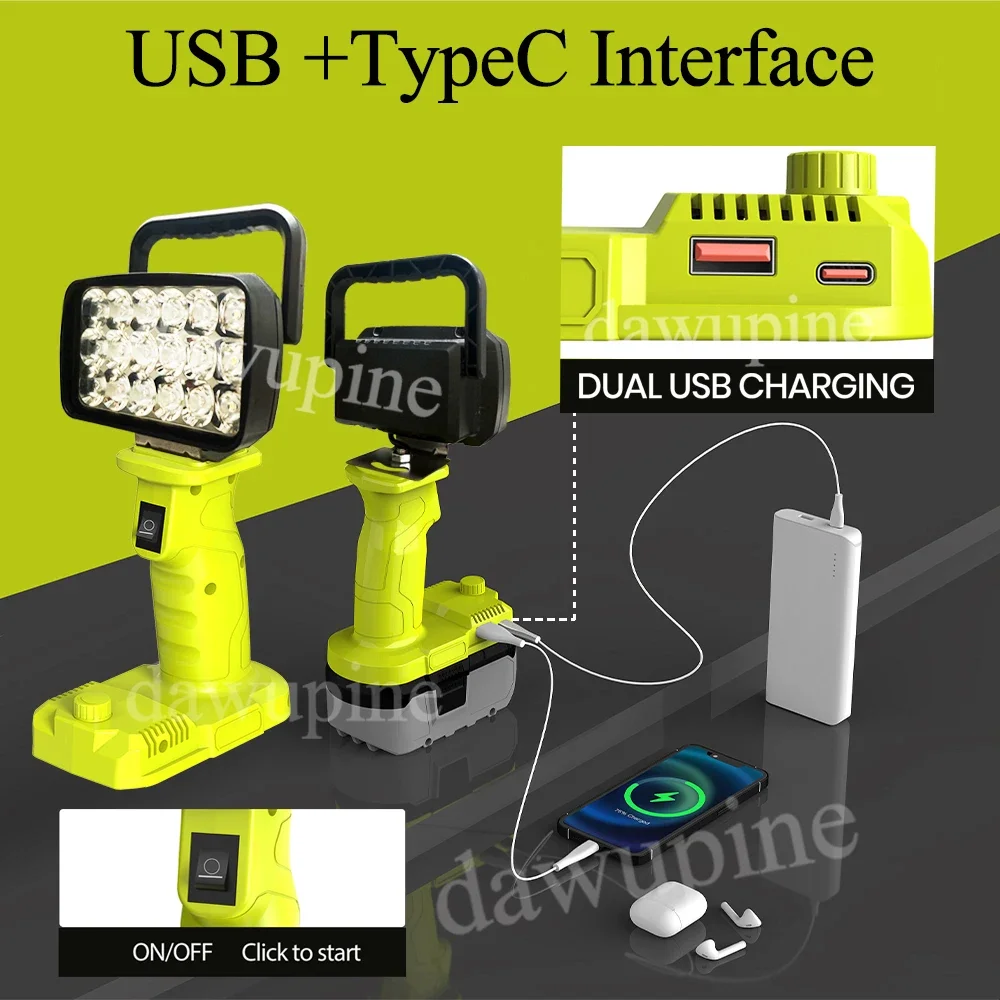 Portable Lanterns Camping Lamp Torch Searchlight Flashlight Spotlight 18 LED Work Lights for Ryobi 18V Lithium Battery P107 P108