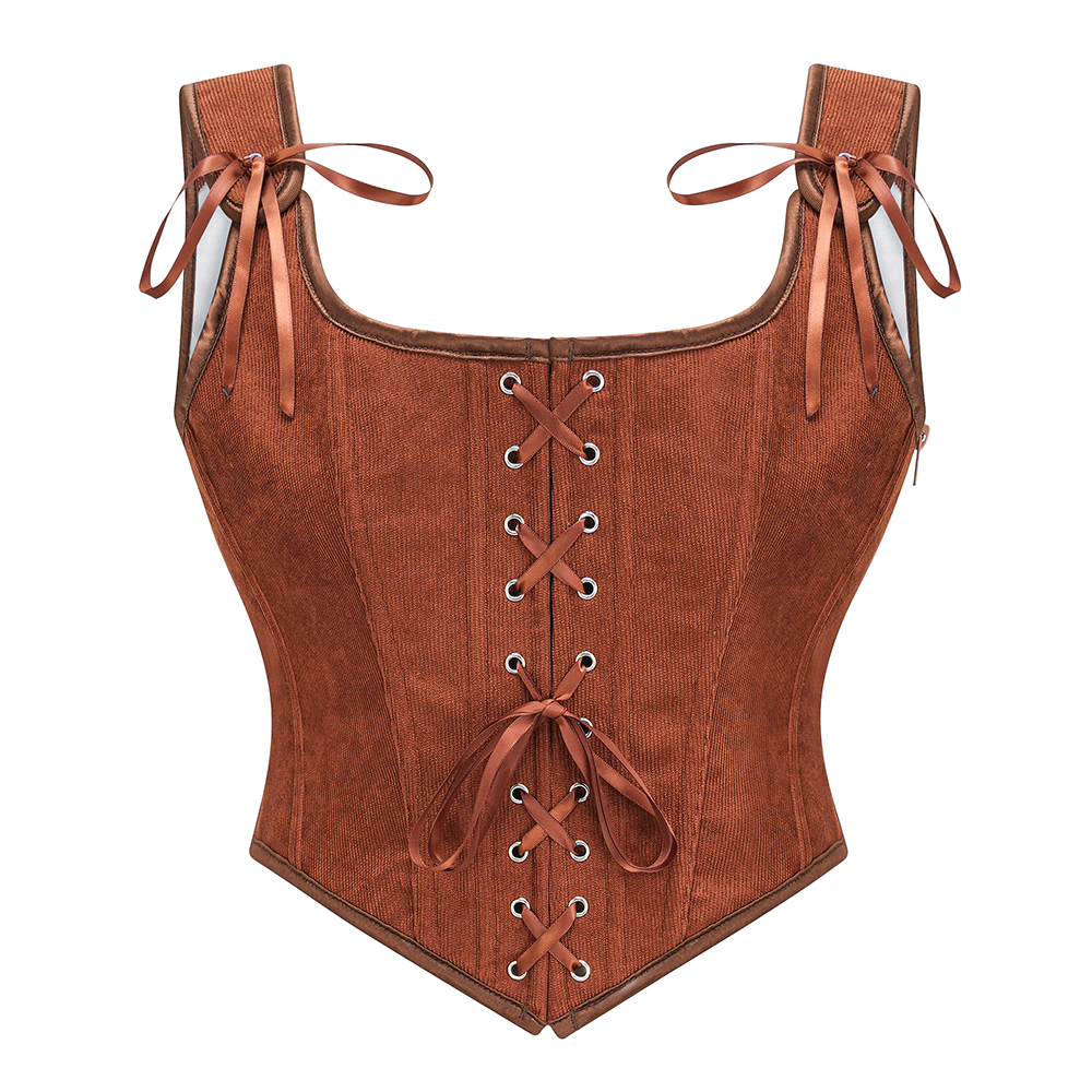 Corsé gótico Vintage con cordones y cremallera frontal marrón para mujer, camiseta sin mangas, entrenador de cintura Sexy, moldeador de cuerpo, ropa moldeadora Steampunk, chaleco adelgazante