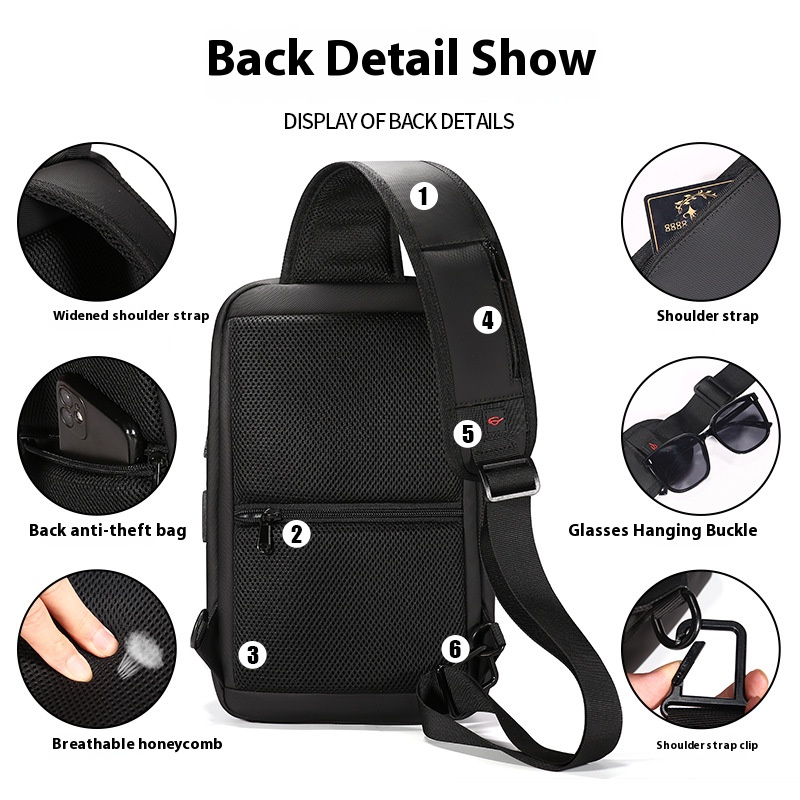 Fenruien bolsa de ombro masculina, bolsa crossbody com carga usb à prova d'água para viagem curta, bolsa de peito adequada para ipad de 9.7 espaços