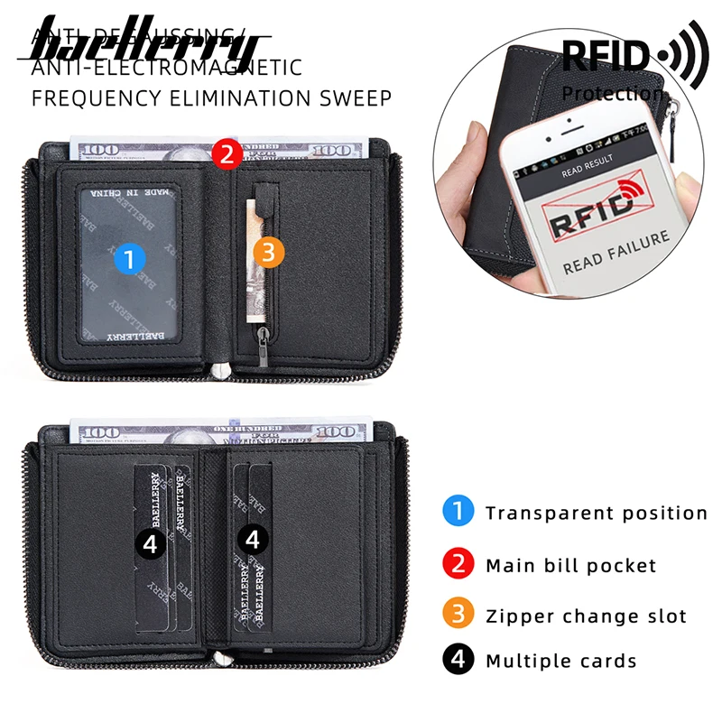 Baellerry RFID สั้นผู้ชายซิปกระเป๋าสตางค์แบรนด์หรูผู้ถือบัตรกระเป๋าสตางค์ชายผู้ถือรูปถ่ายกระเป๋าเหรียญ Man กระเป๋า