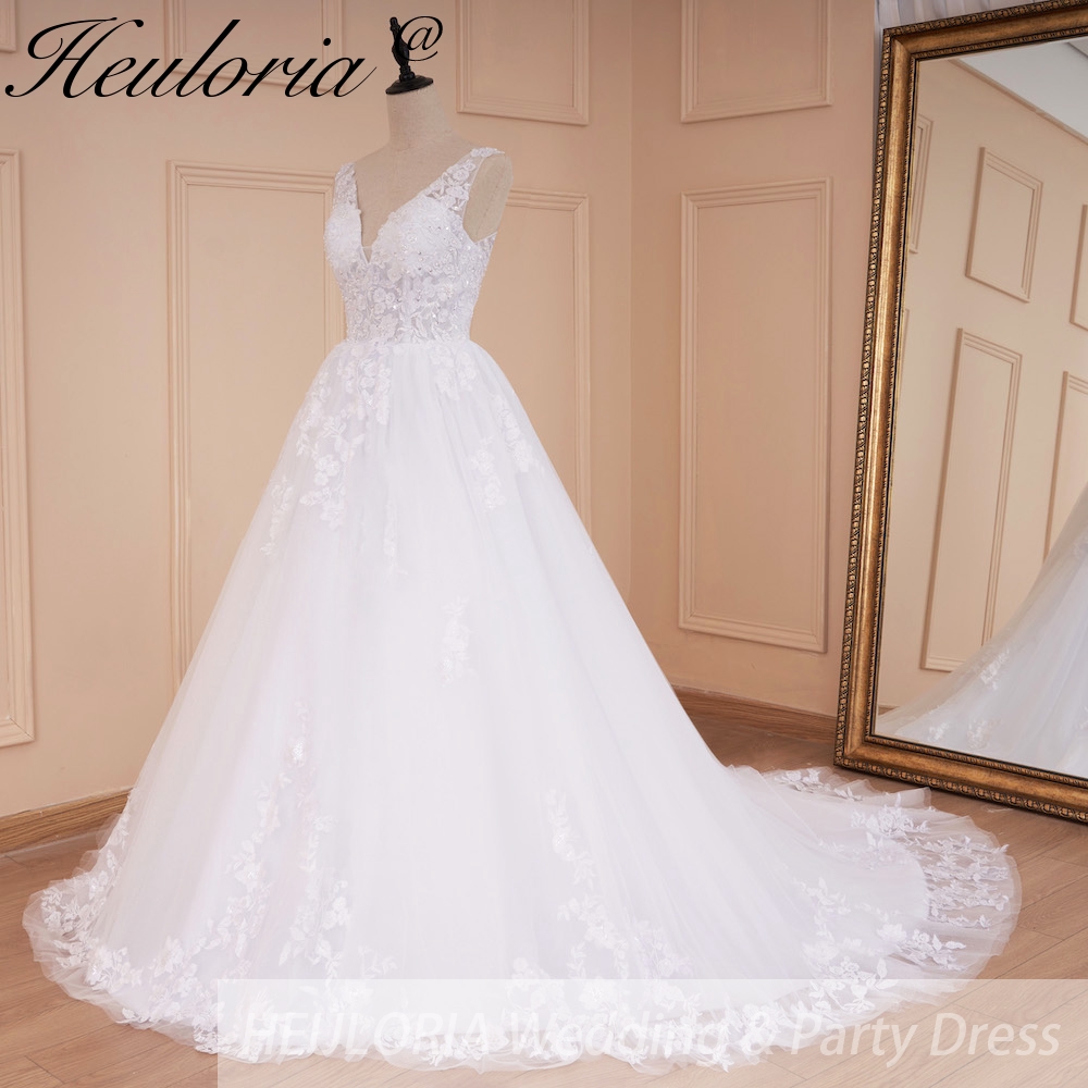 HEULORIA Elegant A Line ชุดแต่งงาน V คอลูกไม้ชุดเจ้าสาว Robe De Mariee งานแต่งงานชุดเจ้าสาว