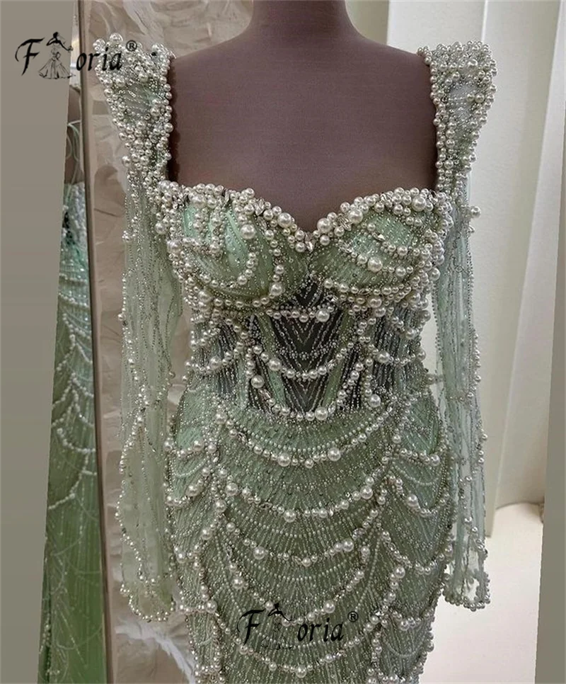 Elegante Perlen Perlen formelle Party kleid mit Quasten mintgrün Langarm Dubai Abendkleider Robe de Soireee Berühmtheit