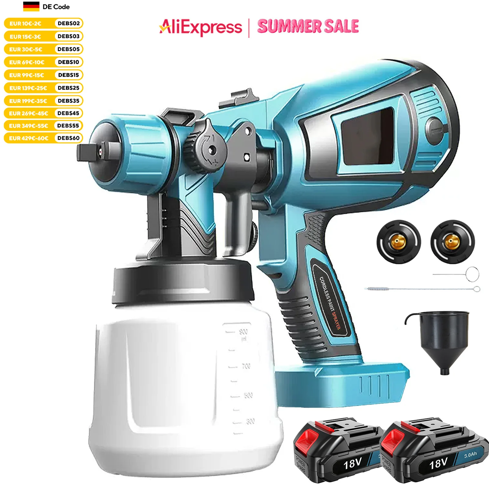 Spruzzatore di vernice senza fili compatibile con batteria Makita, spruzzatore di vernice per recinzione, pistola a spruzzo HVLP con 2 batterie per interni ed esterni