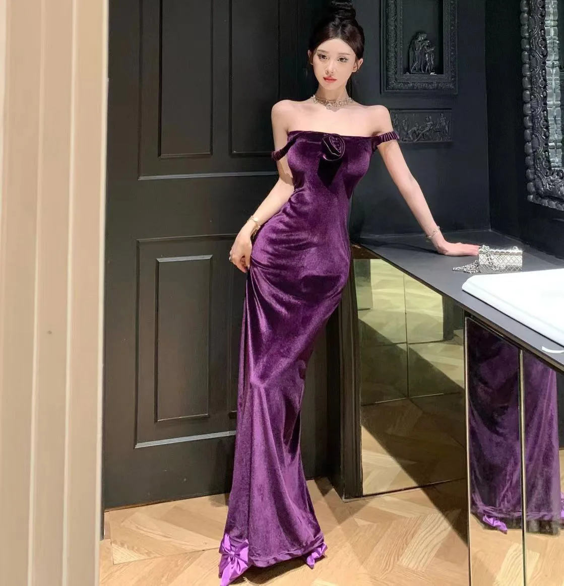 Vestido feminino sem mangas de veludo de uma peça, elegante vestido de festa, vestido maxi roxo