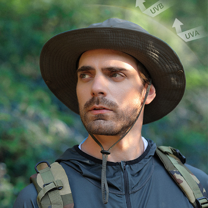 Sombrero de cubo para hombre, Bordado de letras, etiqueta de cuero, sombrero de vaquero, impermeable, para senderismo al aire libre, gorra de pesca, ala ligera de 8cm, sombrero Anti-UV para el sol