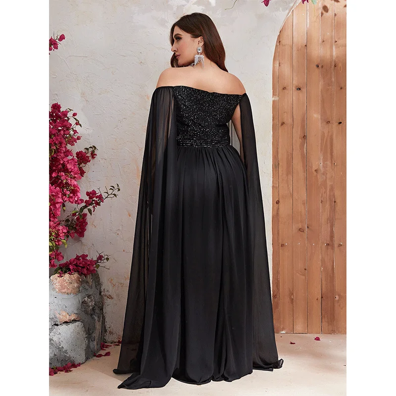 Plus Size Off Shoulder Cape Sleeve Sequined Loose Shiny Long Evening Gown Big Size Elegant Chiffon 5XL 6XL Evening Dreeses f