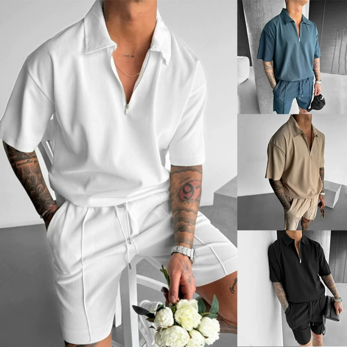 2025 Sommer Herren neuer Reißverschluss Polo lässig Kurzarm Kordelzug Shorts Herrenanzug Herren einfarbig lässig Sport Mode Anzug