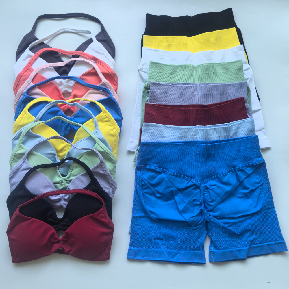 Conjunto de gimnasio de impacto para mujer, sujetador de Yoga con tiras, pantalones cortos de entrenamiento de cintura alta, traje deportivo, ropa de Fitness, conjunto de Yoga sin costuras de 2 piezas