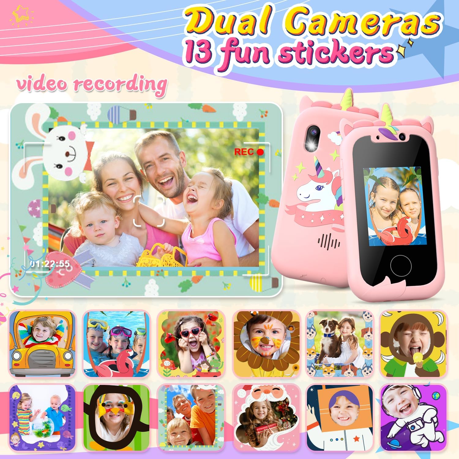 Crianças telefone brinquedos educativos brinquedo musical unicórnio bebê móvel câmera selfie com capa de silicone brinquedos para bebês presentes de aniversário