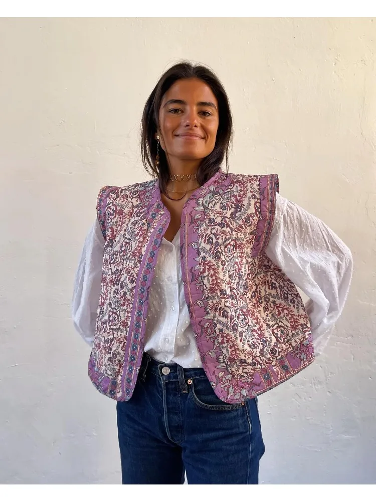 Colete de algodão estampado feminino, jaqueta fofa e confortável para meninas, colete casual feminino, jaqueta de renda para meninas