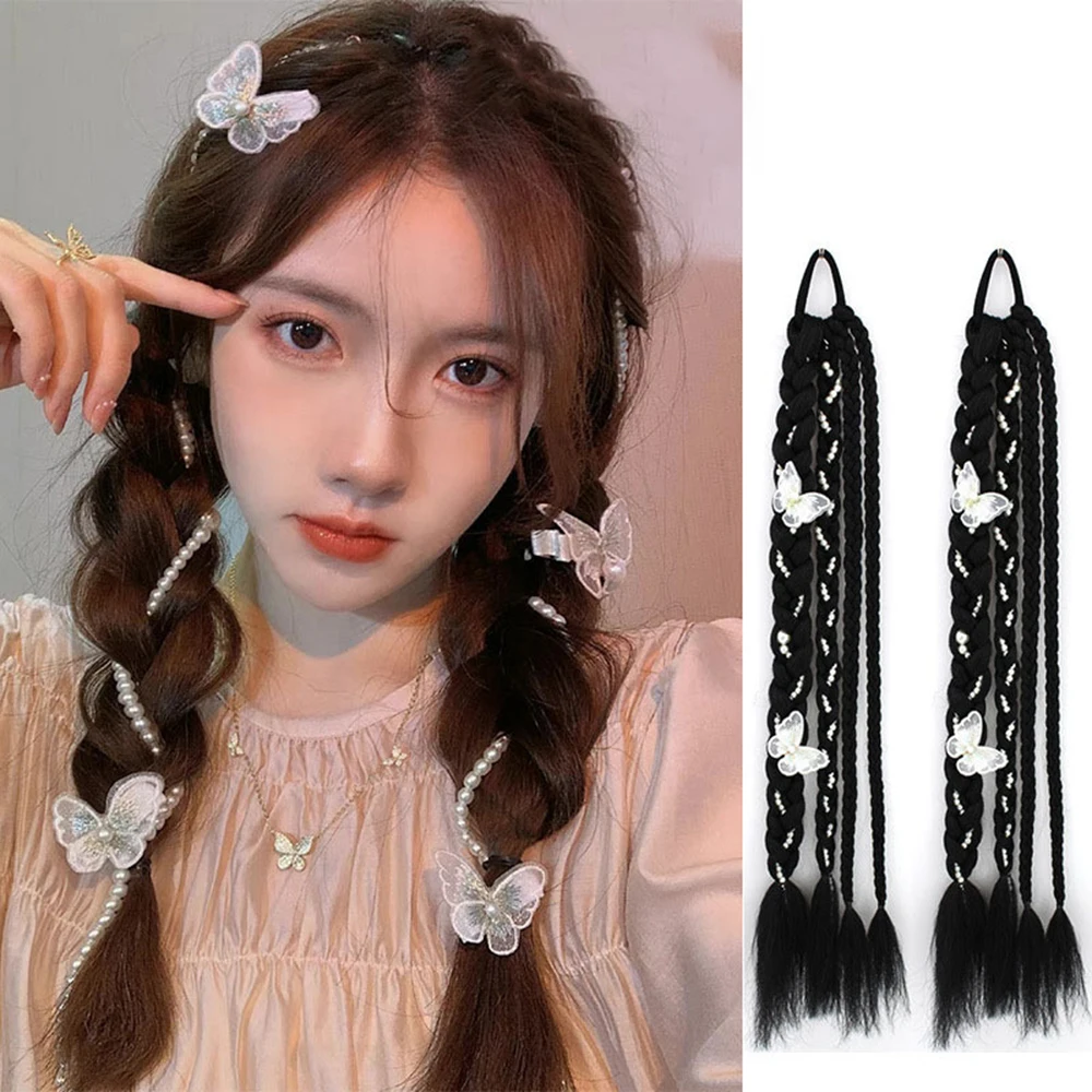 4 Braids Synthetic Bubble Braid With Crystal Butterfly Ponytail Wig Braid Sweet Cool Cute Twists Braid Increases Hair Volume