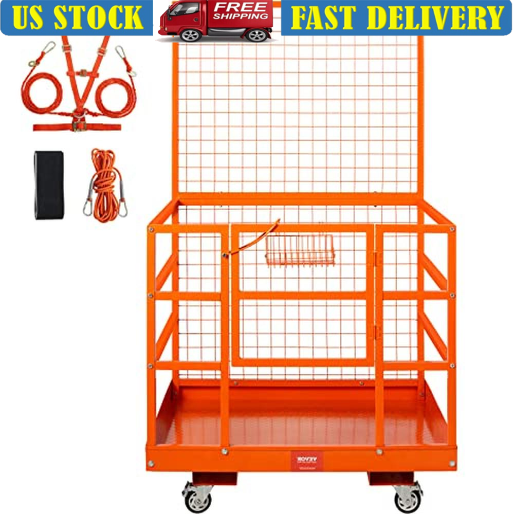 Forklift Safety Cage Lifting Work Platform with Harness Heavy Duty Steel Man Basket 1400lbs Capacity Durable Lock & Drain Hole